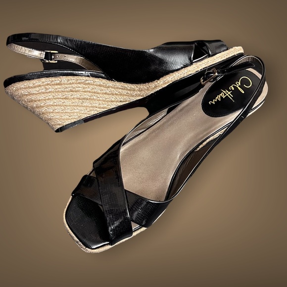 COLE HAAN Wedge Espardrille Slingback Sandals ~ Black Patent Leather ~ Sz. 11B